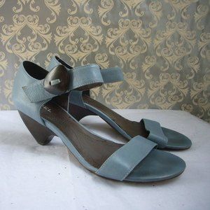 Biviel Blue Leather Ankle Strap Sandal - Size 40/ US 8-8.5 Wood Button Cone Heel